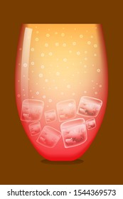 Glass of coctail with ice and bubbles. Red and yellow lemonade. Summer fresh drinks.