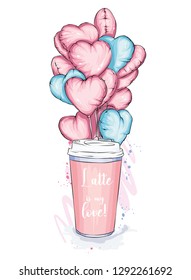 A glass of coffee with balloons in the shape of hearts. Dessert. Vector illustration for greeting card or poster. Love, friendship, Valentine's Day.