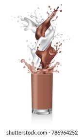 Glass of coffee, cacao, milk, milkshake. Hot chocolate with milk swirl pouring and splashing in the same glass. Realistic transparent glass. Vector.