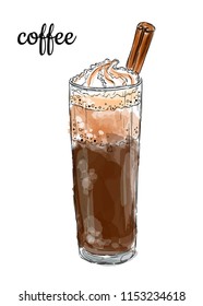 A glass of coffee with a cinnamon stick and cream, cappuccino, coffee cocktail. Hand drawing, sketch on a white background