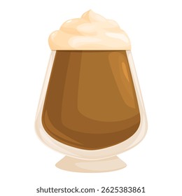 Glass with coffee cocktail decorated with whipped cream standing on white background