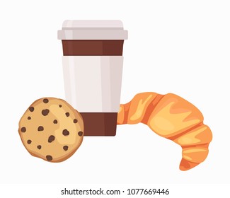 A glass of coffee, a croissant, a cookie with chocolate. Food illustration