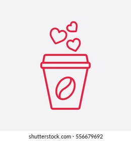 glass coffee cup with coffee bean and hears steam line icon red on white background