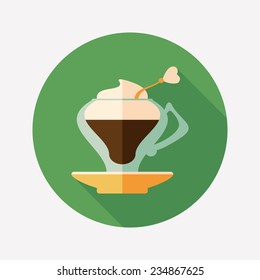 Glass coffee cup flat round icon with long shadows.