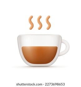 Glass coffee cup with smoke. 3d vector icon. Cartoon minimal style.