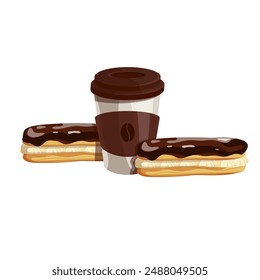 Ein Glas Kaffee mit eclair Kuchen in Schokoladenglasur.Vektorgrafik Grafik.