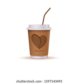 A glass of coffee with a heart and a drinking straw. Vector illustration.