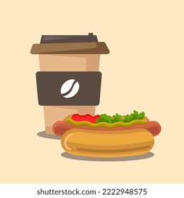 A glass of coffee and a hot dog. Quick snack. Fast food. Flat style vector illustration.
