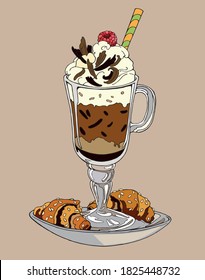 A glass of coffee and ice cream, croissants in a plate.