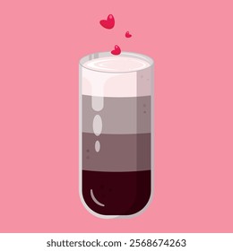 Glass of coffee. Latte macchiato icon. Isolated glass of coffee. Flat illustration. Design for cafes, coffeeshops, posters, banners, cards, 
advertisement. Valentines day design. Vector illustration.