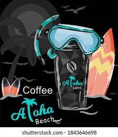 
glass of coffee latte on the beach with diving mask and surfboard on black background illustration