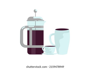 Glass coffee maker is full of coffee and porcelain cups isolated on white background. Flat Art Vector illustration
