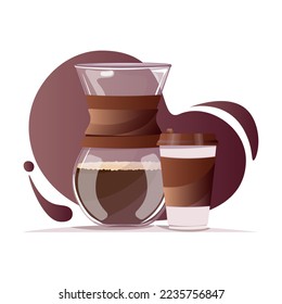 Glass coffee maker and paper cup. Coffee break, cafe or coffee shop, coffee takeaway illustration