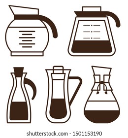 Glass coffee makers, pots and kettles monochrome illustration. Line design elements for coffee house and shop.