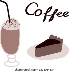 Glass of coffee mocha with cream and cinnamon and chocolate cake. Vector illustration in flat style.