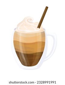 Glass coffee mug with beverage. Mochaccino coffee with an airy, creamy crema. A fragrant drink with chocolate. Vector illustration of a coffee mug isolated on white.