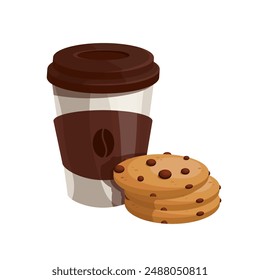 Glass of coffee with oatmeal cookies and chocolate chips.Vector graphics.