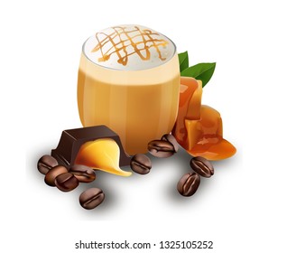 Glass with coffee. Pieces of melting caramel. Coffee beans. Dark chocolate pieces with caramel filling. Green leaves.  3d realistic vector icon. 
