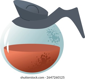 A glass coffee pot with a black handle and lid.  Glass coffee jug. The pot contains brewed coffee, showing a rich brown color
