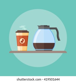 Glass coffee pot and disposable coffee cup. Flat style vector illustration.