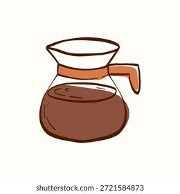 Glass coffee pot filled with coffee, rounded shape and clean outline on a light background. Cozy kitchen element for cafe branding, packaging, menus, labels, stickers and coffee designs.