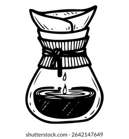 Glass coffee pot with filter. Hand drawn doodle vector. Brewing an invigorating drink in a cafe. Beverage espresso. Jug with liquid. Special tableware. Illustration line art element.