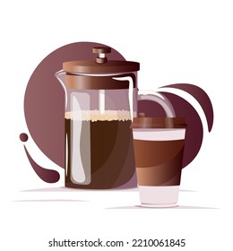 Glass coffee pot, french press with black coffee and paper coffee cup on dark gradient background. Coffee break concept for banner, website, social media, app, flyer and stickers