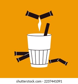 Glass of coffee with sugar. Latte cappuccino beverage, logo coffee shop, menu design cartoon style. Vector illustration