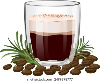 Glass of coffee surrounded by coffee beans