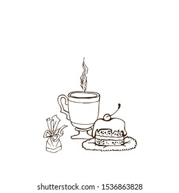 glass of coffee tea baking dessert on white background by hand