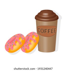 A glass of coffee and two glazed donuts isolated on a white background close-up. For menu design, advertising or packaging. Tasty breakfast.