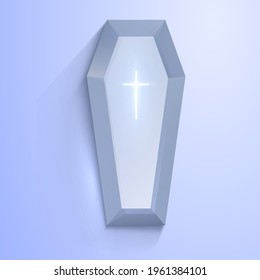 Glass coffin with cross, death and afterlife concept