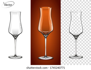 Ein Glas für Cognac und Armagnac. Leeres Glas auf einem transparenten Hintergrund und auf einem cognac Hintergrund. Geschirr für Getränke aus Glas. Realistisches, sehr detailliertes Layout. Der Effekt von 3d, Vektor.