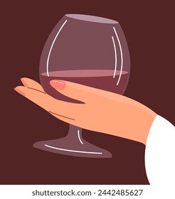 Glass of cognac in hand. A woman drinks an alcoholic drink. Vector illustration