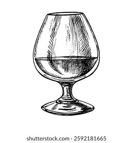 A glass of cognac. A hand-drawn vector graphic illustration. Black and white image of an alcoholic beverage. Separate from the background. Perfect for menus, banners, flyer, package, label, invitation