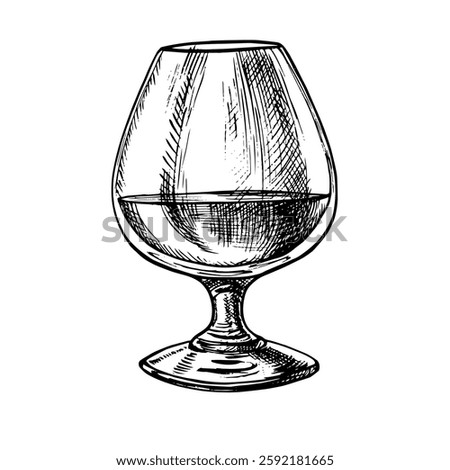 A glass of cognac. A hand-drawn vector graphic illustration. Black and white image of an alcoholic beverage. Separate from the background. Perfect for menus, banners, flyer, package, label, invitation