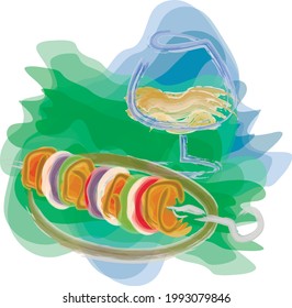 A glass of cognac and meat on a skewer, shish kebab, abstract drawing with a watercolor effect