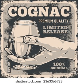 Glass cognac monochrome vintage flyer with hand of man from gentleman club drinking strong alcoholic drink premium quality vector illustration