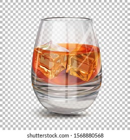 A glass with cognac, rum, brandy with ice cubes. Alcohol drink. Vector 3d realistic illustration isolated on transparent background.