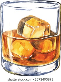 Glass of cognac, scotch or whiskey with ice isolated on white background. Hand drawn watercolor illustration vector 