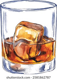 Glass of cognac, scotch or whiskey with ice isolated on white background. Hand drawn watercolor illustration vector 
