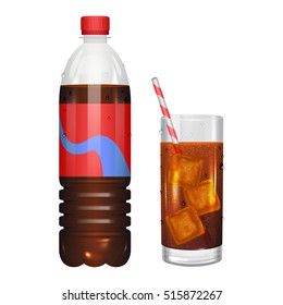 Glass of cola with ice cubes and cola in bottle. Vector illustration