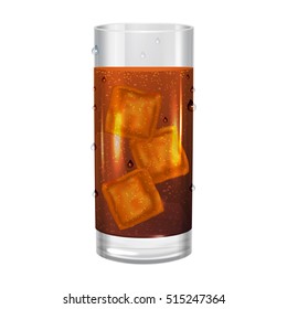 Glass of cola with ice cubes, drink soda. Vector illustration.