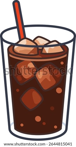 A glass of cola with ice cubes and a red straw. A cute vector illustration suitable for beverage menus or summer-themed content.