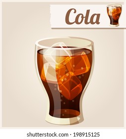 Glass of cola with ice. Detailed Vector Icon. Series of food and drink and ingredients for cooking.