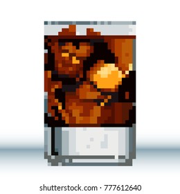 A glass of cola with ice or rum with cola and ice. Pixel art on a background of a gray-blue gradient.