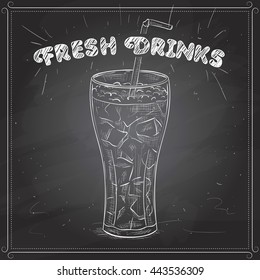 Glass of cola with ice. scetch on a black board. Vector illustration, EPS 10