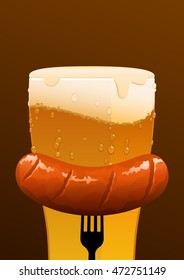 glass of cold beer and a sausage on a brown background