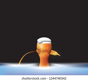 A glass of cold beer. Surface of glass reflect ear of paddy malt barley behind.