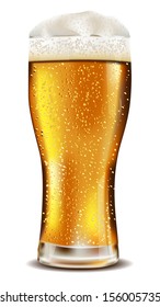 Glass of cold beer with water drops on white background.